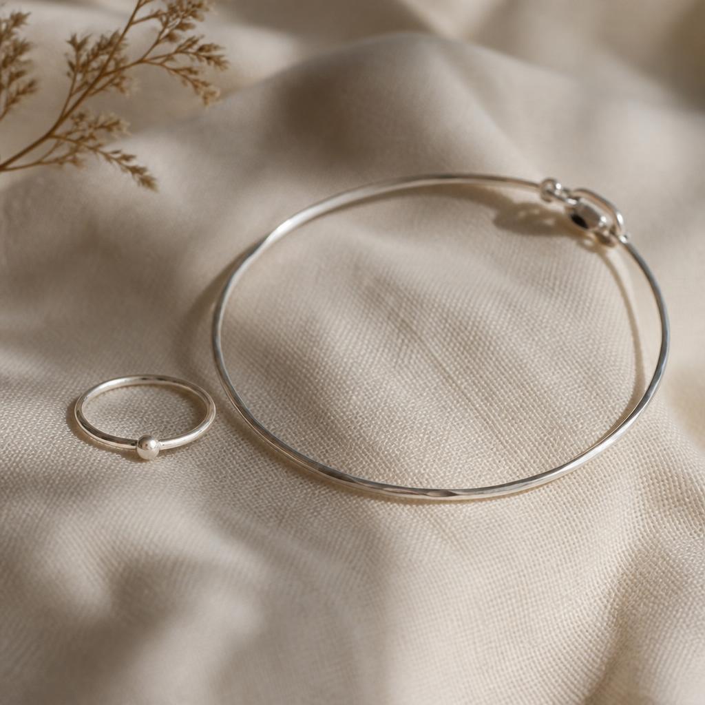 Minimalist silver ring and matching thin silver bracelet