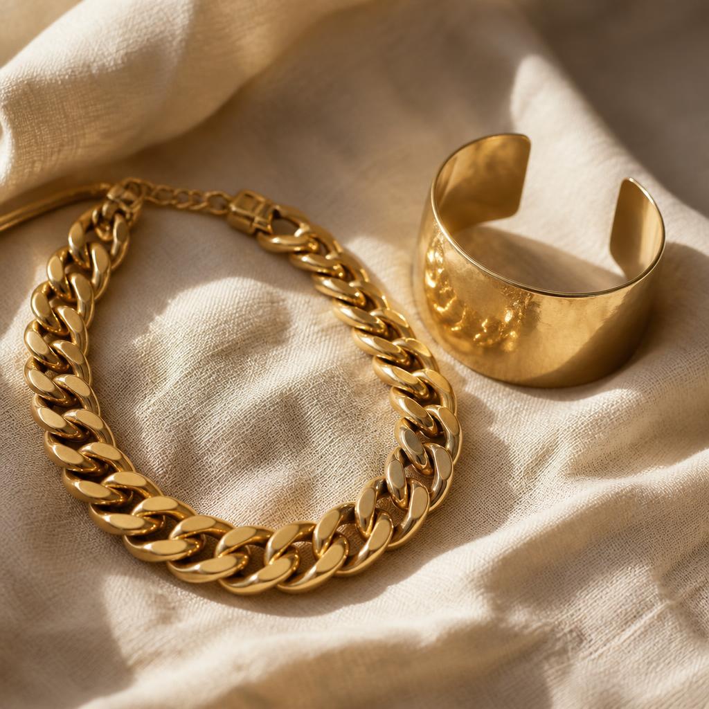Statement yellow gold chunky chain necklace and gold cuff bracelet
