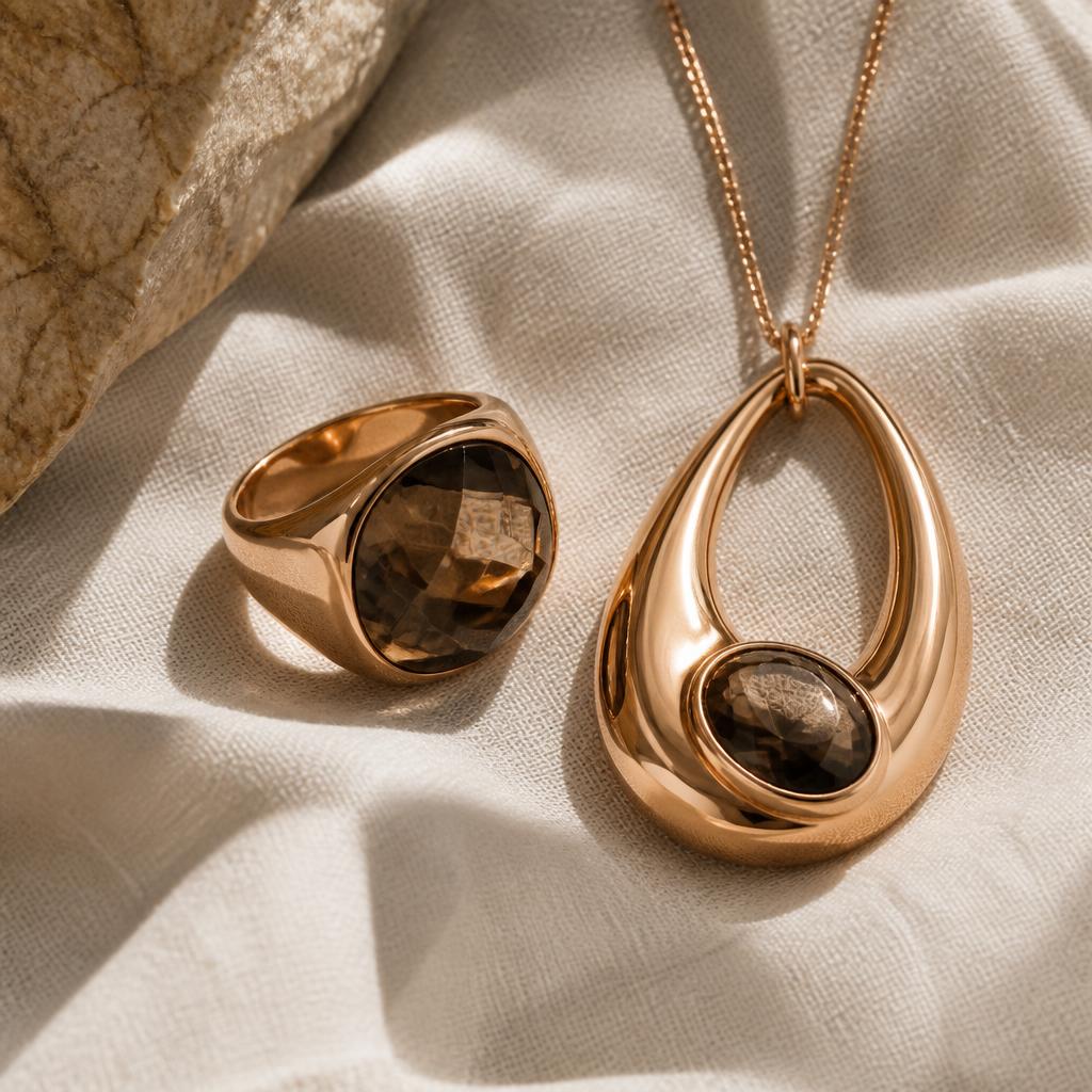 Statement rose gold cocktail ring and matching pendant necklace