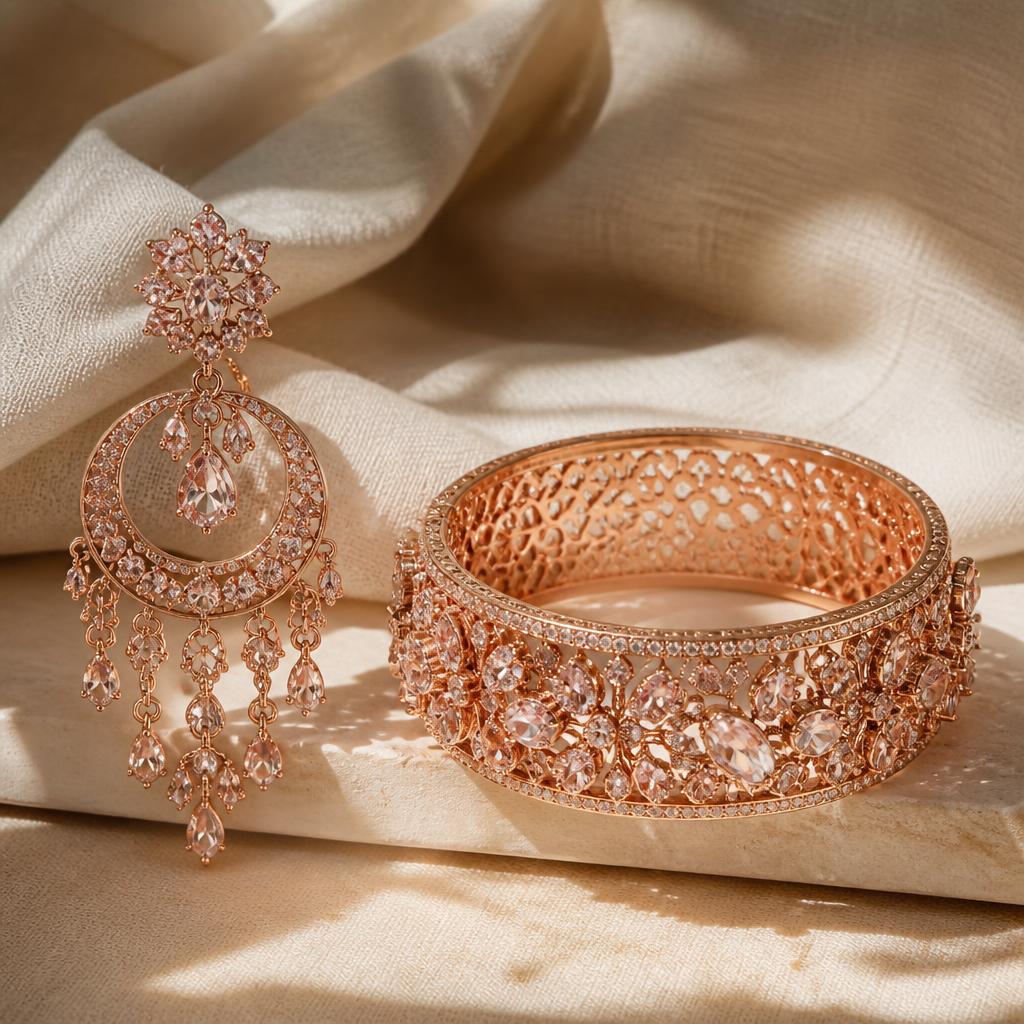 Rose gold statement chandelier earring and bold rose gold bangle