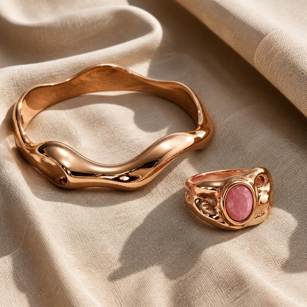Rose gold sculpted bangle and statement ring with pink stone